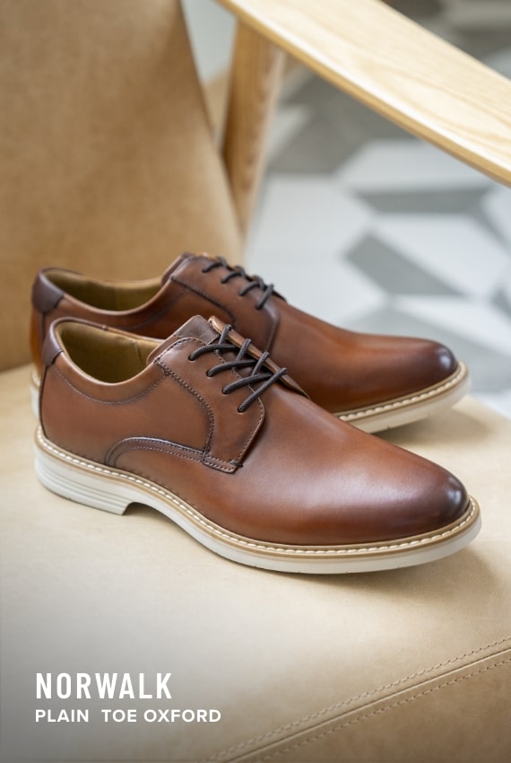 Florsheim Top Sellers category. Image features the Norwalk plain toe oxford in cognac.