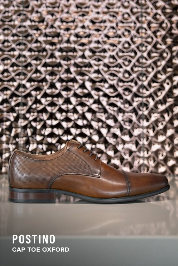 Florsheim Top Sellers category. Image features the Postino cap toe oxford in cognac. 