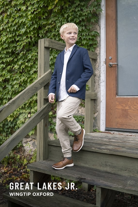 Boy's Casual Shoes category. Image features the Great Lakes Jr wingtip oxford in cognac.