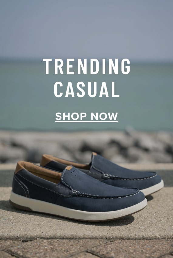 Men's Loafers & Slip Ons category. Image features the Crossover moc toe oxford in navy.