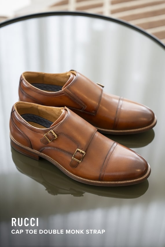 Men's Dress Shoes category. Image features the Rucci double monk in cognac. 