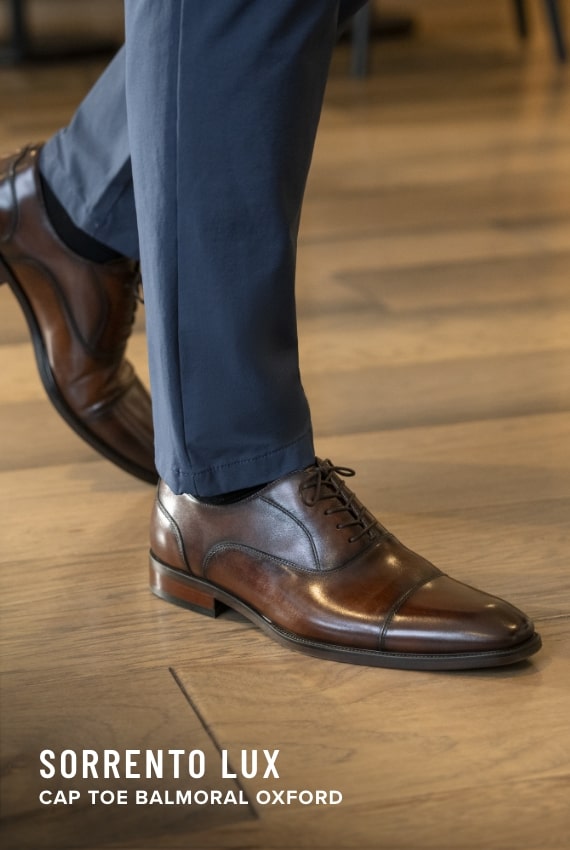 Men's Dress Shoes category. Image features the Sorrento Lux oxford in brown.