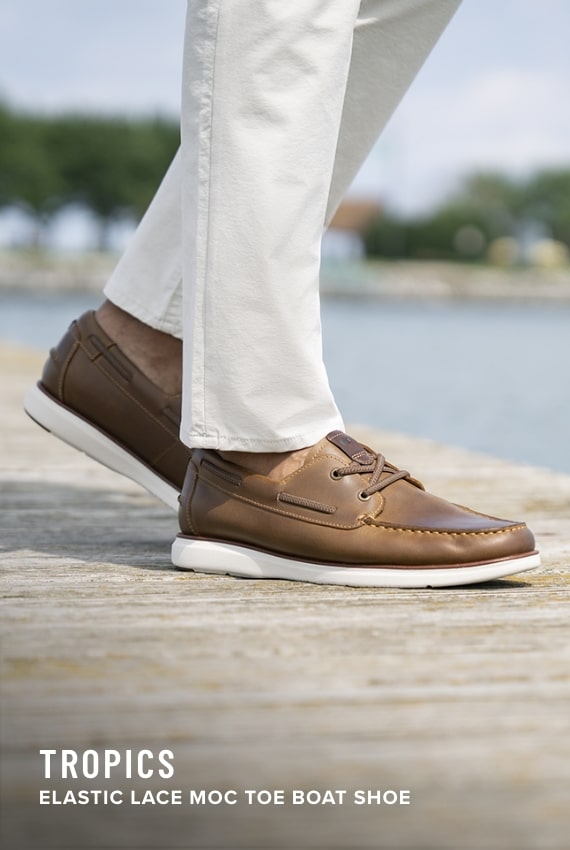 Men's Casual Shoes category. Image features the Tropics boat shoe in brown.